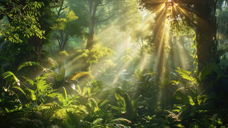 Peaceful forest setting with sun rays peeking through trees, illuminating the lush greeneryの素材
