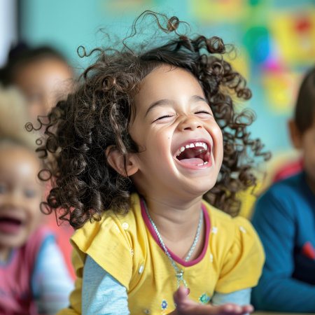 Happy child laughing with friends in a vibrant school classroom, showing pure joyの素材