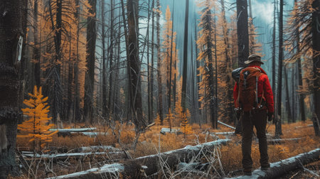 Naturalist observing the effects of bark beetle infestation in a deteriorating forest environmentの素材