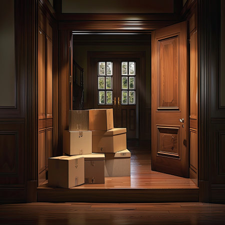 Open door of a house with moving boxes stacked inside, ready for relocationの素材