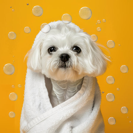 Adorable Maltese dog wrapped in a towel with bubbles on a yellow backgroundの素材