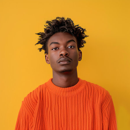 Casual orange sweater worn by a young adult with a neutral expression, yellow backgroundの素材