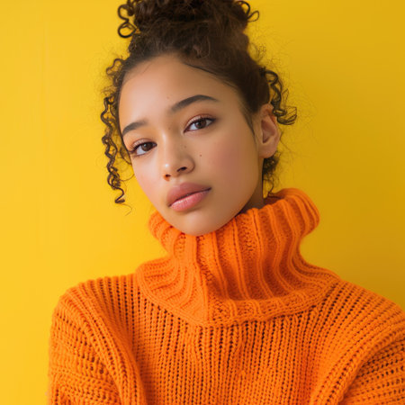 Casual orange sweater worn by a young adult with a neutral expression, yellow backgroundの素材
