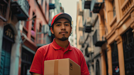Portrait of a young Hispanic delivery man standing with packages in an urban settingの素材
