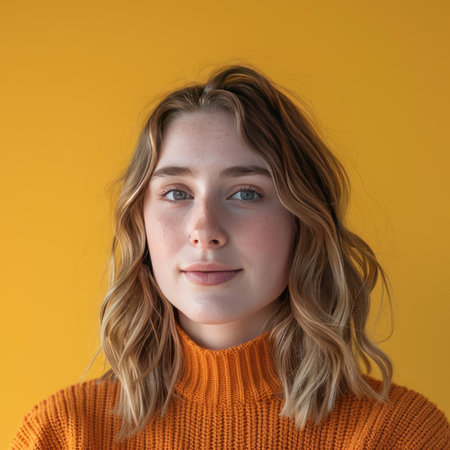 Neutral look on young adult wearing orange sweater, yellow backgroundの素材