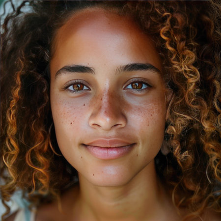 Close-up of a teenage girl with curly hair, expressing confidence and authenticityの素材
