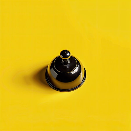 High angle view of a hotel service bell on a vibrant yellow surface, symbolizing customer care and convenienceの素材