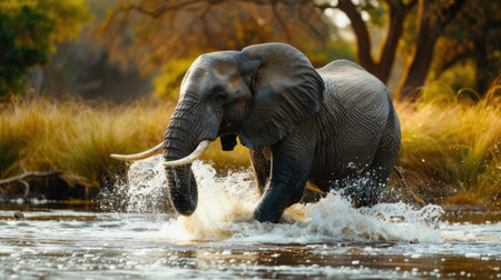 Side view of an elephant splashing water with its trunk while standing in a riverの素材