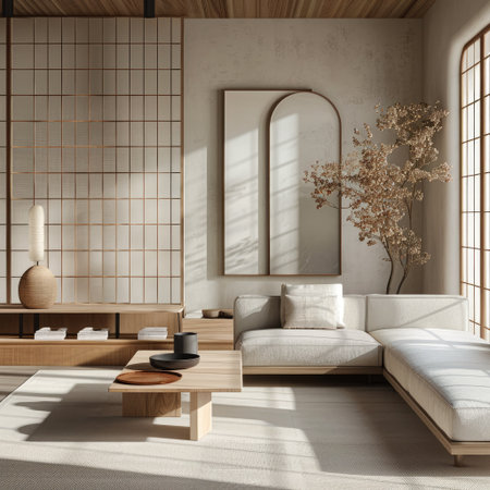 Elegant and serene Japandi-inspired living room with a focus on simplicity and functionalityの素材