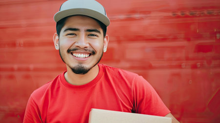 Smiling young Hispanic delivery man showing a package, ready for deliveryの素材