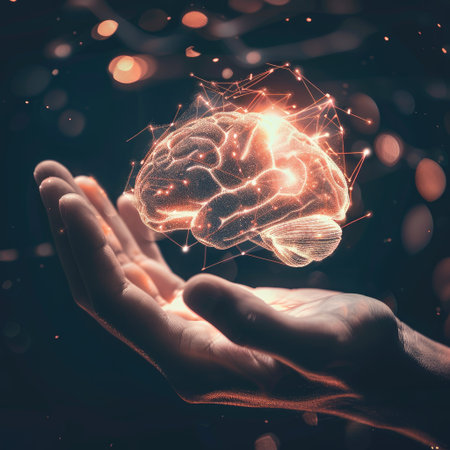 Abstract representation of intelligence: Hand holding a glowing human brain hologram, illustrating advancementsの素材