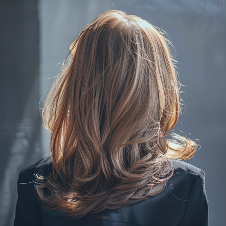 Back view of a woman's head with shiny, styled hair in a bright studio setting, hair care themeの素材