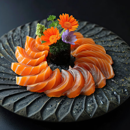 Freshly sliced salmon sashimi elegantly arranged on a sleek black Japanese plate, a gourmet seafood delightの素材