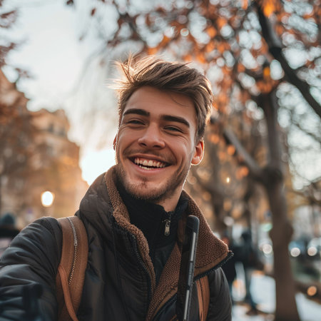 Handsome young man smiling while taking a selfie with his smartphone in a city parkの素材