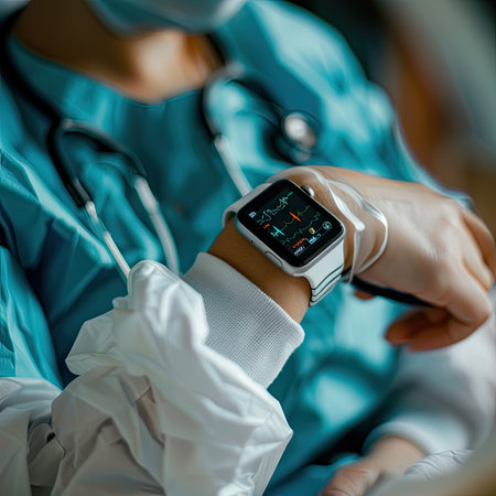 Innovative medical technology concept with a nurse using a smartwatch to monitor patient vitalsの素材