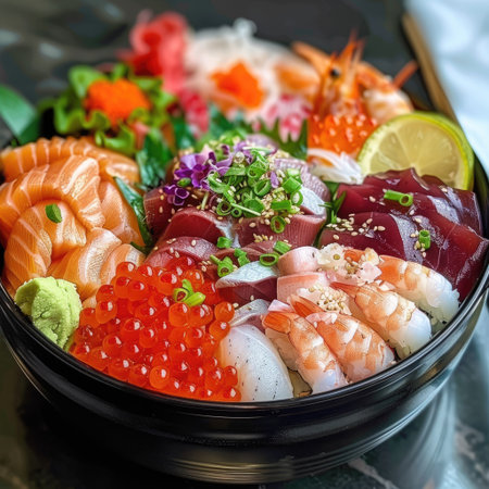 Exquisite chirashi sushi presentation with a focus on premium seafood cuts and vibrant colorsの素材