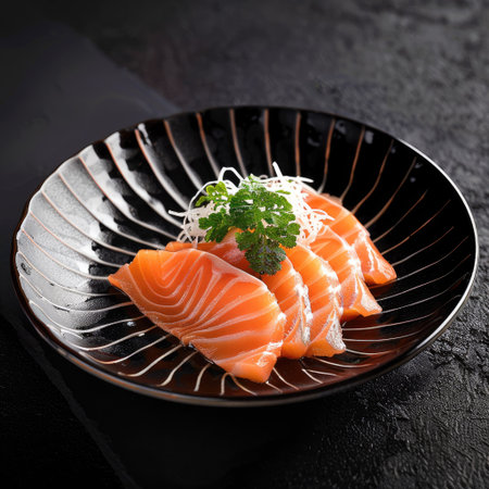 Fresh and appetizing salmon sashimi beautifully plated on a Japanese-style black serving dishの素材