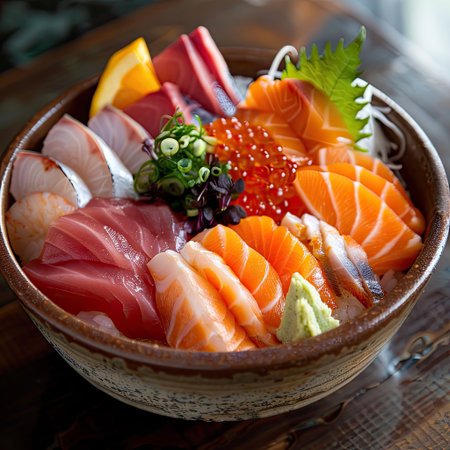 Exquisite seafood chirashi sushi presentation, featuring an assortment of raw fish over seasoned riceの素材