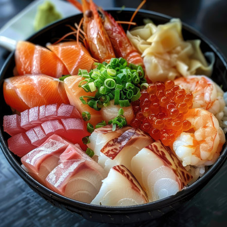 Gourmet seafood chirashi sushi bowl filled with fresh sashimi pieces, a delicacy at any Japanese restaurantの素材