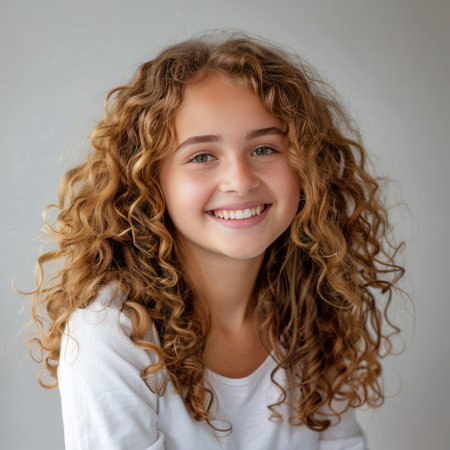 Teenage girl with radiant curly hair smiling warmly in a natural light studio portraitの素材