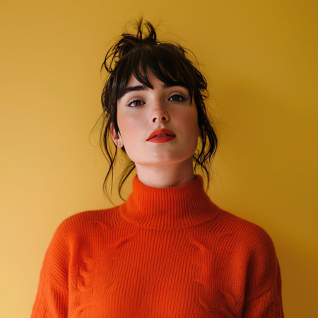 Young adult wearing an orange sweater, standing with a neutral look against a yellow backgroundの素材