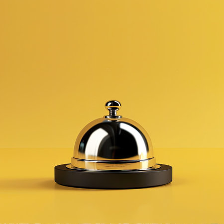 Single hotel service bell in the center of a yellow backdrop, conveying the concept of concierge and supportの素材