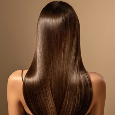 Woman's back with glossy, well-maintained hair in a professional photo studio, beauty conceptの素材