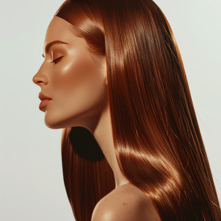 Woman with sleek, shiny hair in a studio setup, focusing on hair care and beauty treatmentの素材