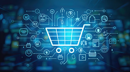 Blue background adorned with sleek digital icons representing online shopping technologyの素材