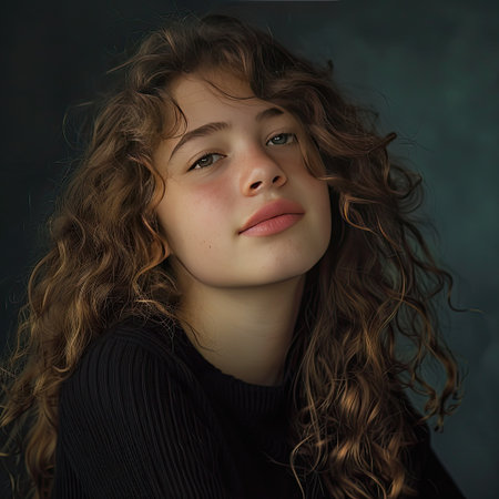 Teenage girl with curly hair in a relaxed studio portrait, emphasizing her youthful featuresの素材