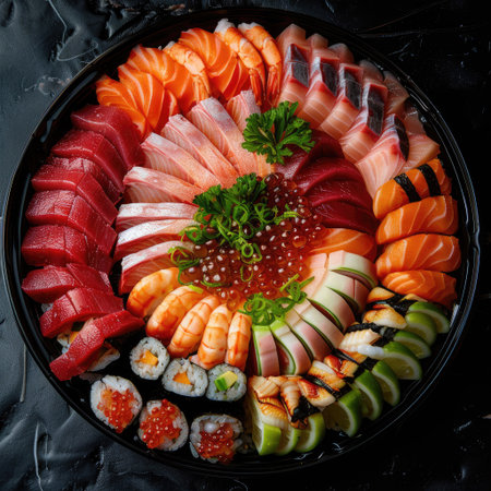 Top view of a tantalizing chirashi sushi platter adorned with a variety of premium seafood cutsの素材