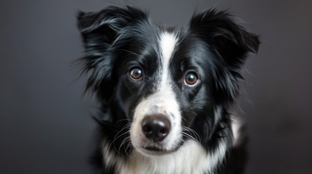 Cute border collie with black and white fur, head tilted and eyes focused on the cameraの素材