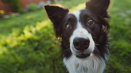Charming and attentive border collie tilting head, engaging with the cameraの素材