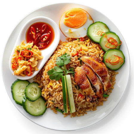 Spicy Indonesian fried rice served with chicken, top view, isolated on whiteの素材