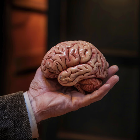 Scientific exploration of intelligence: Hand holding a lifelike human brain model, emphasizing the study of neurology and cognitionの素材