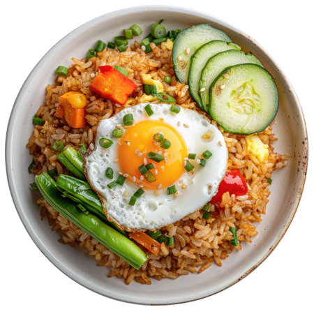 Top view of Indonesian fried rice garnished with vegetables and egg, isolated on a white backgroundの素材