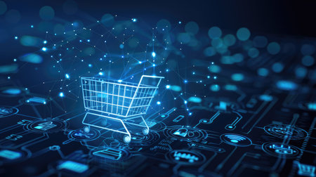Blue background enhanced with digital icons symbolizing online shopping technologyの素材