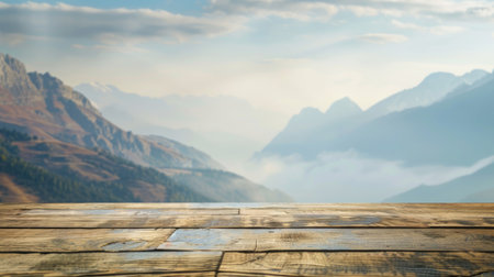 Decor-ready table surface, distant mountains blurred for a serene ambianceの素材