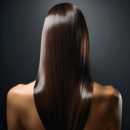 Woman's back with glossy, well-maintained hair in a professional photo studio, beauty conceptの素材