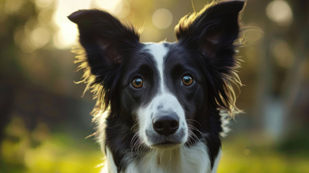 Border collie with ears perked and head tilted, looking directly at the cameraの素材