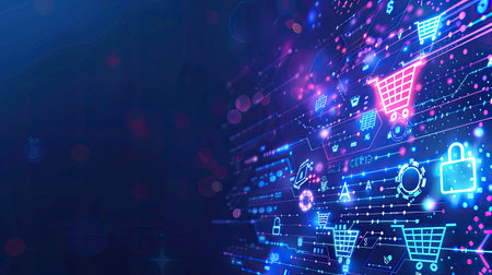 Vibrant blue background adorned with digital icons depicting online shopping technologyの素材