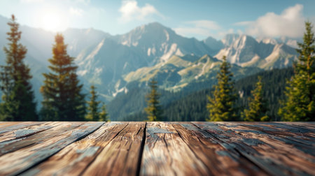 Design-friendly tabletop with blurred mountain panorama, perfect for customizationの素材