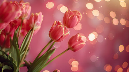 Pink tulip arrangement on a pink background with bokeh lights, decorative styleの素材