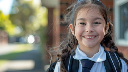 Smiling girl aged 7-8, wearing a school uniform and backpack, on her first day of schoolの素材