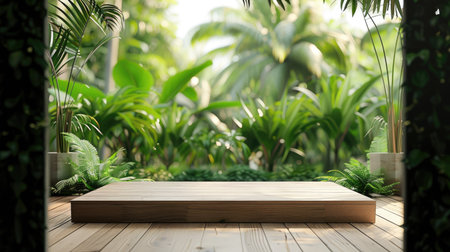 Wood podium on garden floor, surrounded by blurred tropical foliage for natural feelの素材
