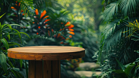 Outdoor wooden podium table in a vibrant tropical garden, blending into greeneryの素材