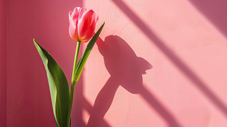 Single pink tulip with soft shadows on a pink background, minimalist styleの素材