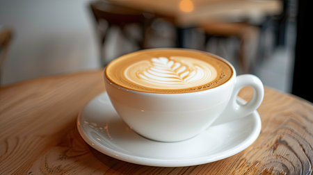 Flat white coffee with vanilla bean garnish on a wooden table in a trendy cafe, captured in a close-up shot.の素材