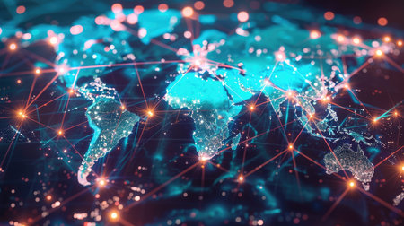 Abstract world map with digital network connections, symbolizing global communication and data flow.の素材