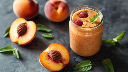 Peach smoothie in a glass jar with fresh fruit slices on the side, appealing for health-conscious consumers.の素材